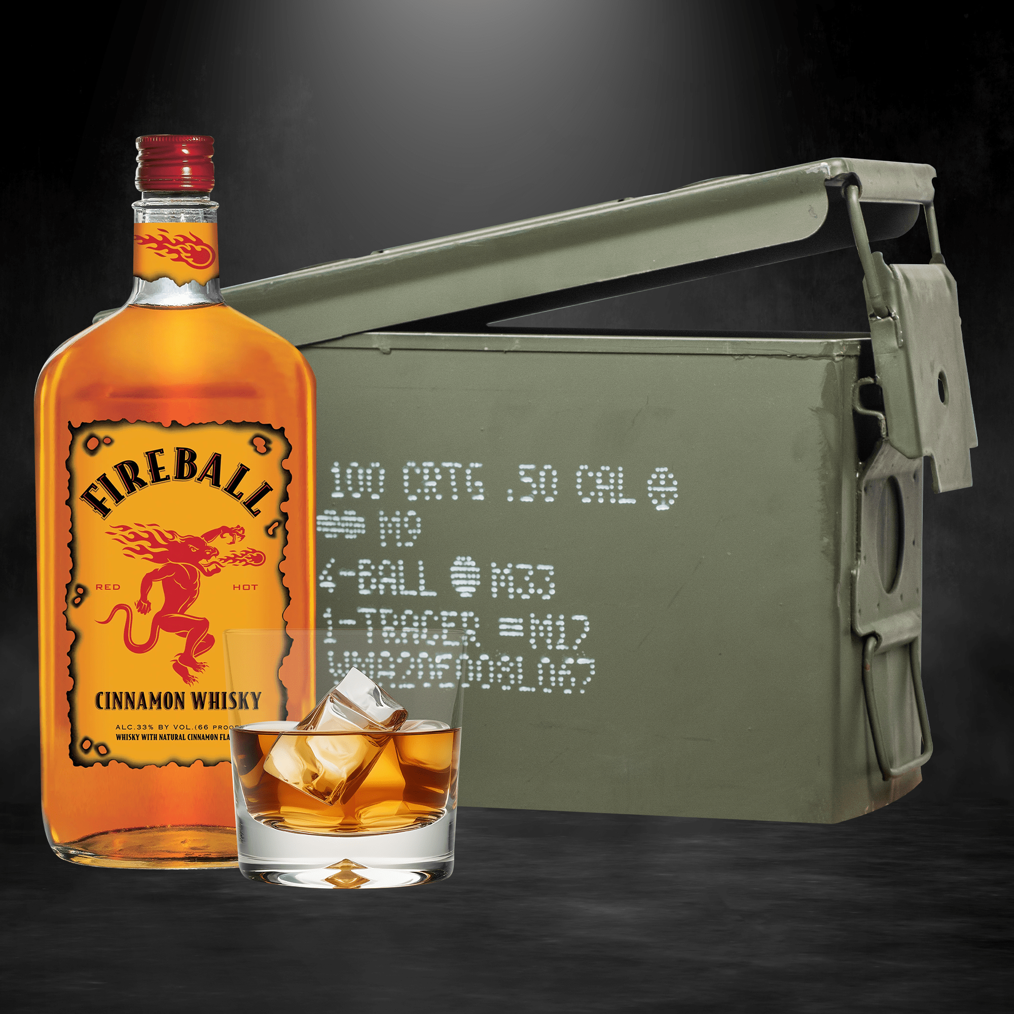 Fireball Cinnamon Whisky bottle inside authentic ammo can gift set